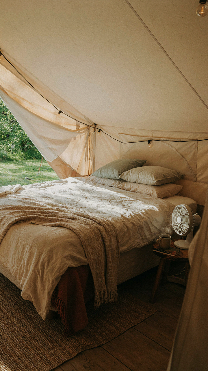 A cozy glamping tent interior with a thick mattress and layered bedding.