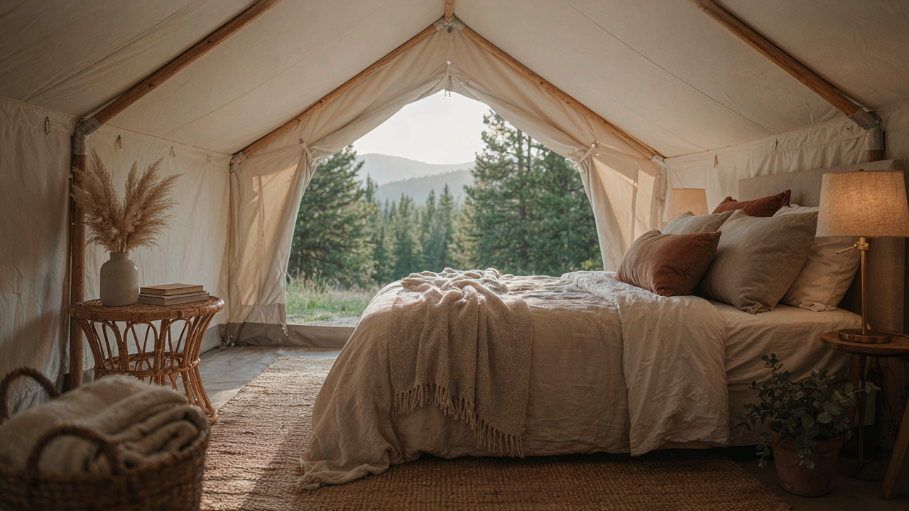 A lavish glamping tent interior, resembling a high-end hotel room, surrounded by nature.