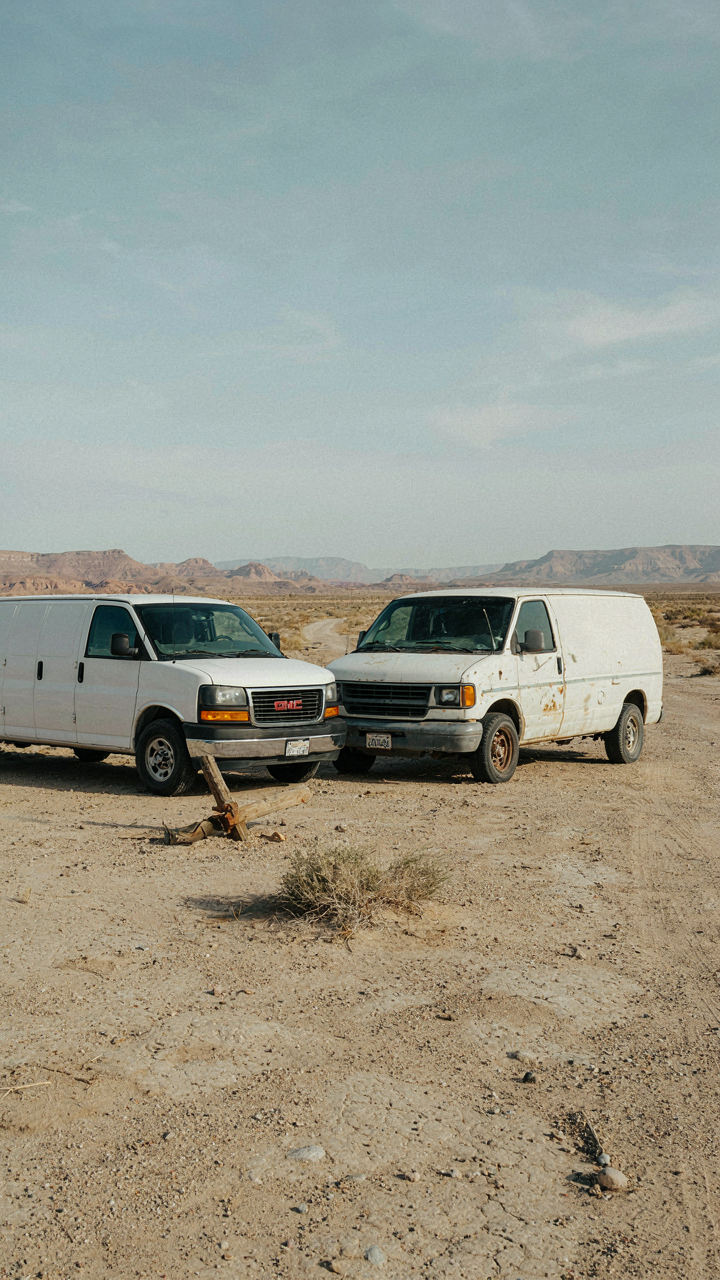 A well-maintained GMC cargo van is next to an old, broken van.