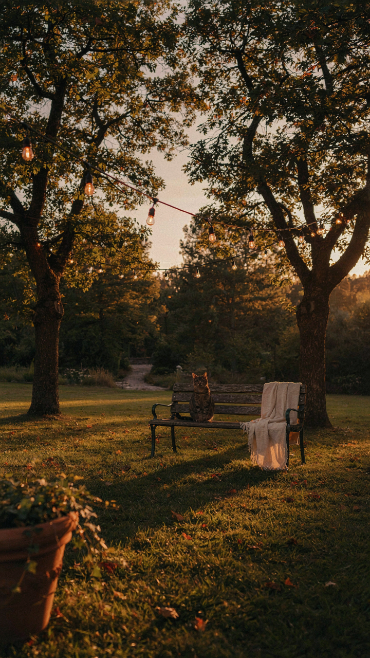 Warm string lights glow in a garden as the sun sets.