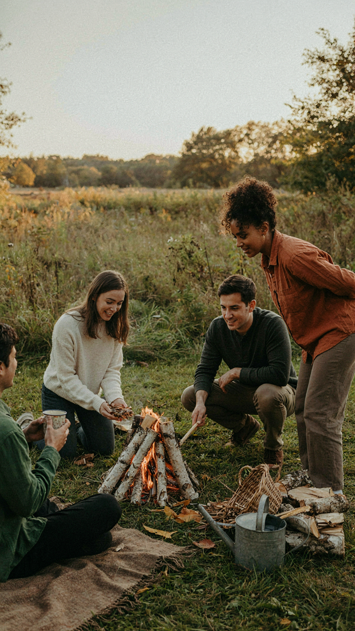 Friends work together to build a small bonfire.