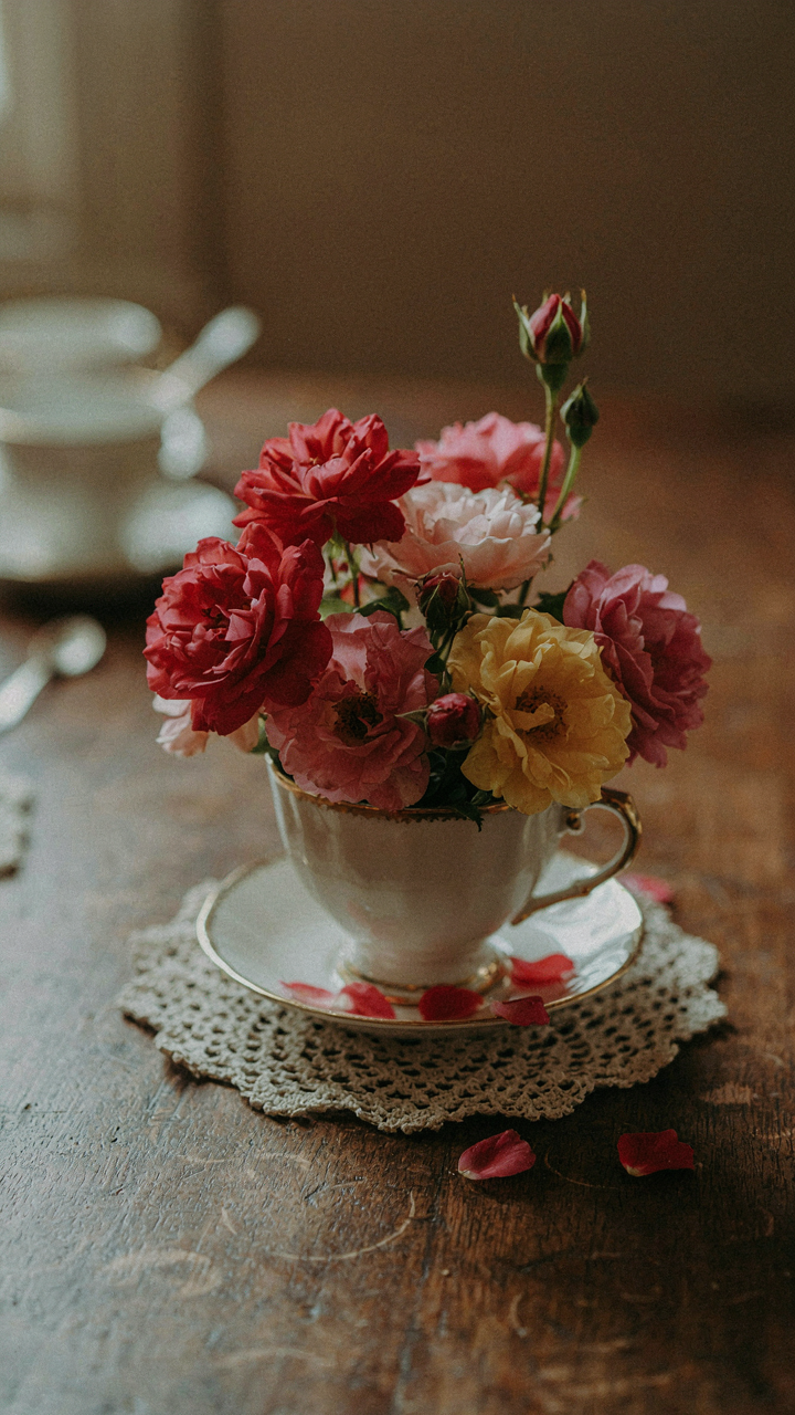 A vintage teacup with David Austin roses on a lace doily.