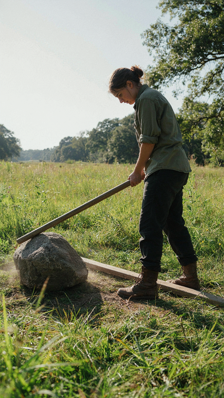 A person easily lifts a large rock using a long lever.