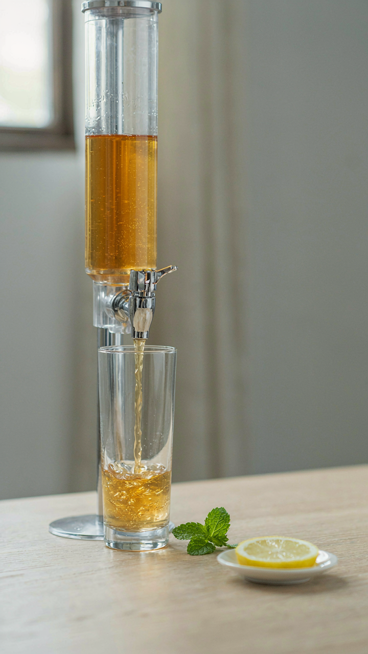A tall drink dispenser pours liquid down into a glass using gravity.