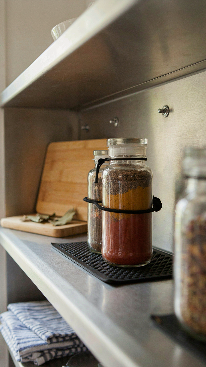 A spice jar is secured to an RV kitchen shelf with a bungee cord.