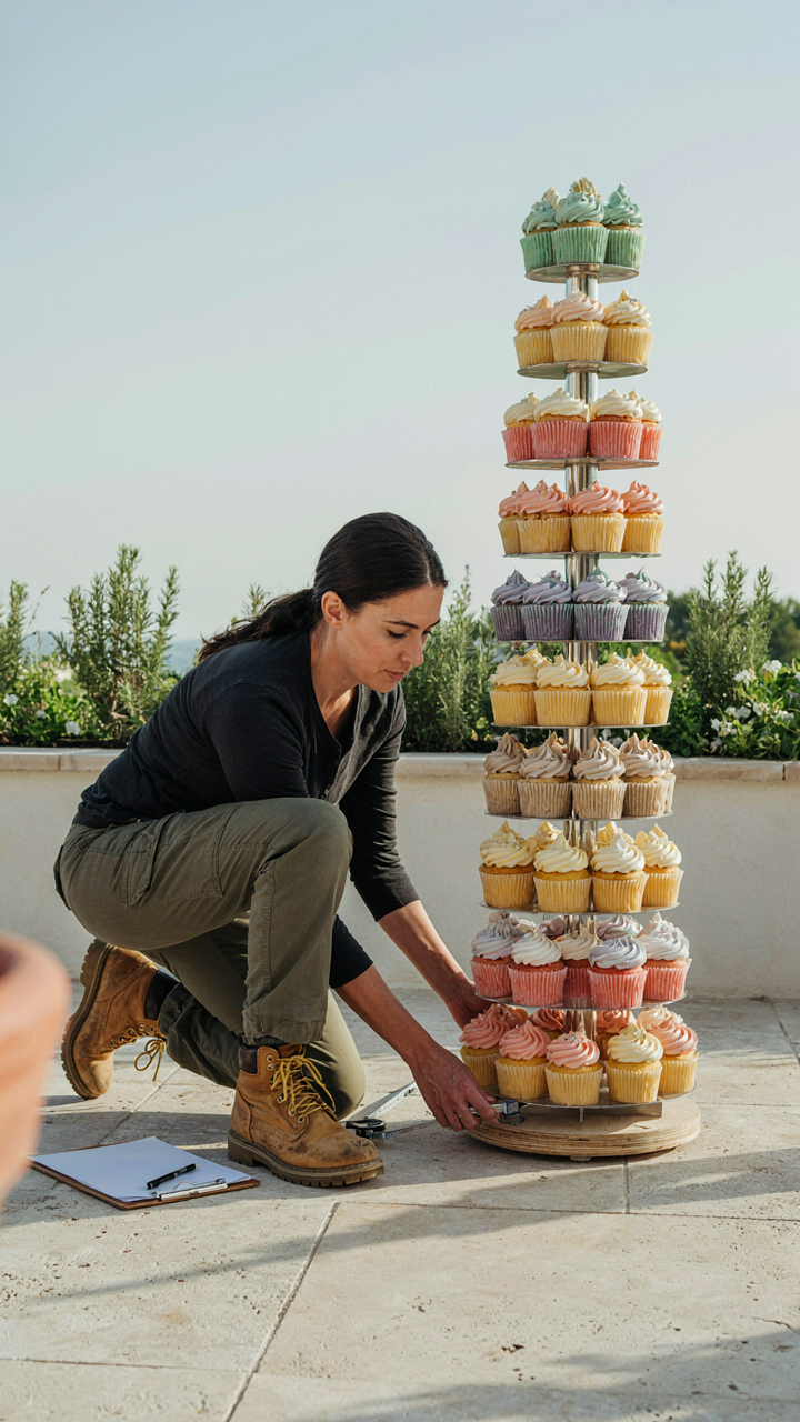 An engineer uses tools to check the stability of a tall outdoor cupcake display.