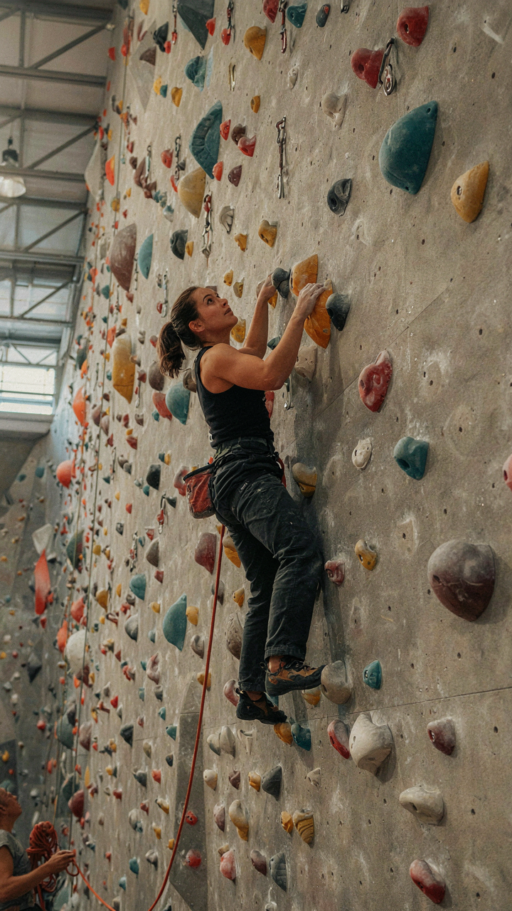 A person on a rock climbing wall looking up at the vertical path.