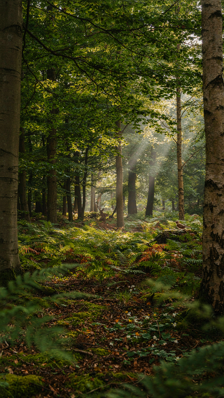 A vibrant forest showing different layers of plant life, from small to tall.