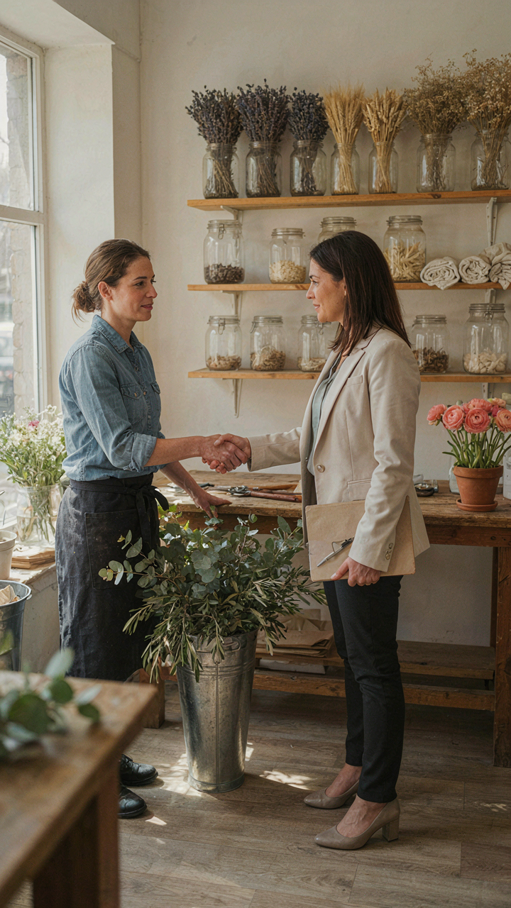A flower shop owner negotiates with a wedding planner over greenery.