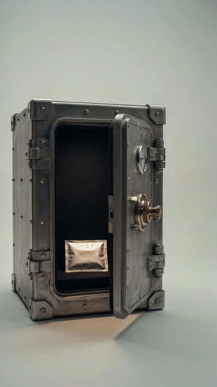 A perfectly sealed foil packet sits inside a reinforced containment unit.