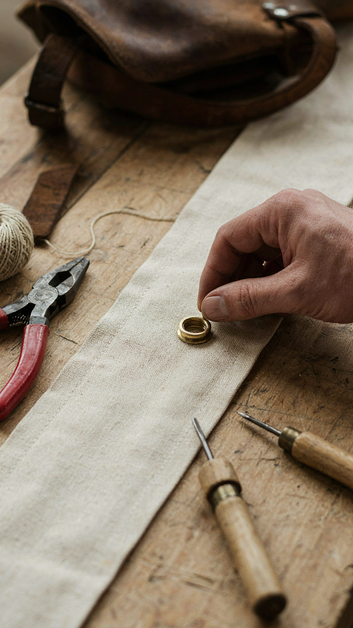 A hand puts a metal grommet into a strong fabric piece.