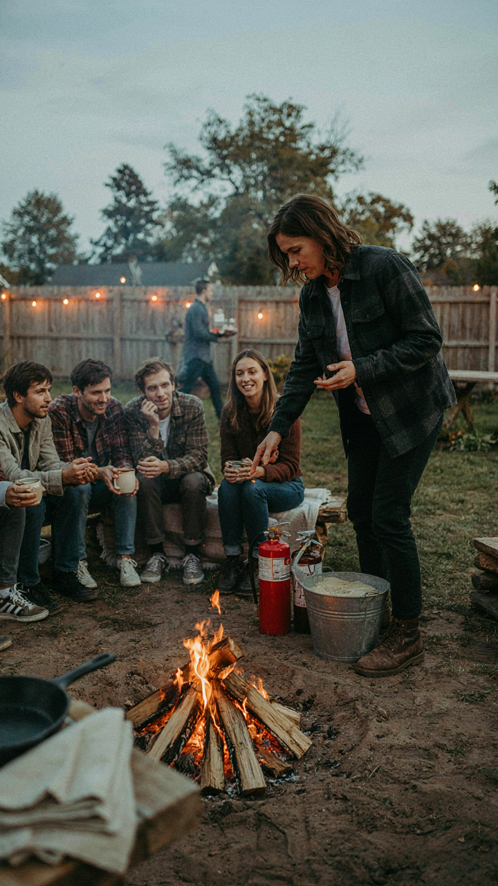 Friends listen to safety instructions around a fire pit before a backyard bonfire party.