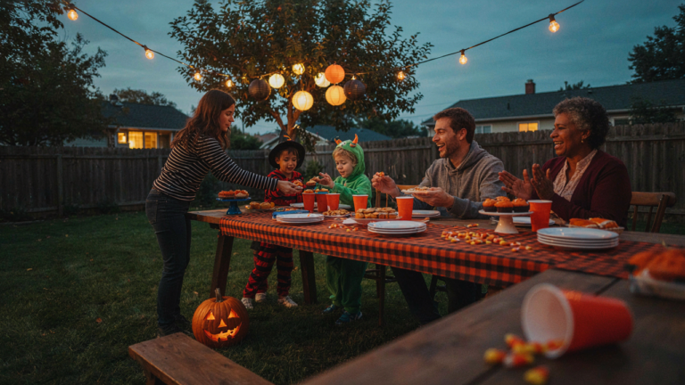 A festive Halloween backyard party with adults and children enjoying decorations and food.