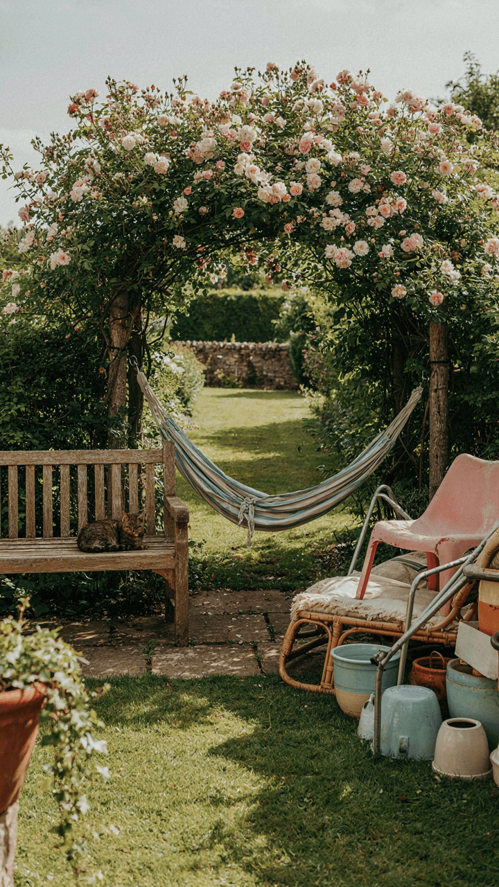 A classic wooden bench and a simple hammock in a timeless garden.