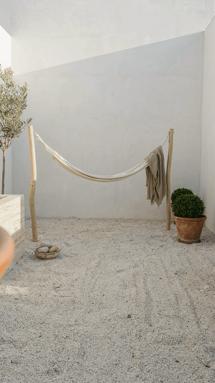 A single hammock in a minimalist outdoor space with neat gravel and plants.