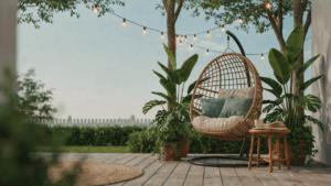 A stylish hanging chair patio in a backyard corner, with green plants and soft lights.