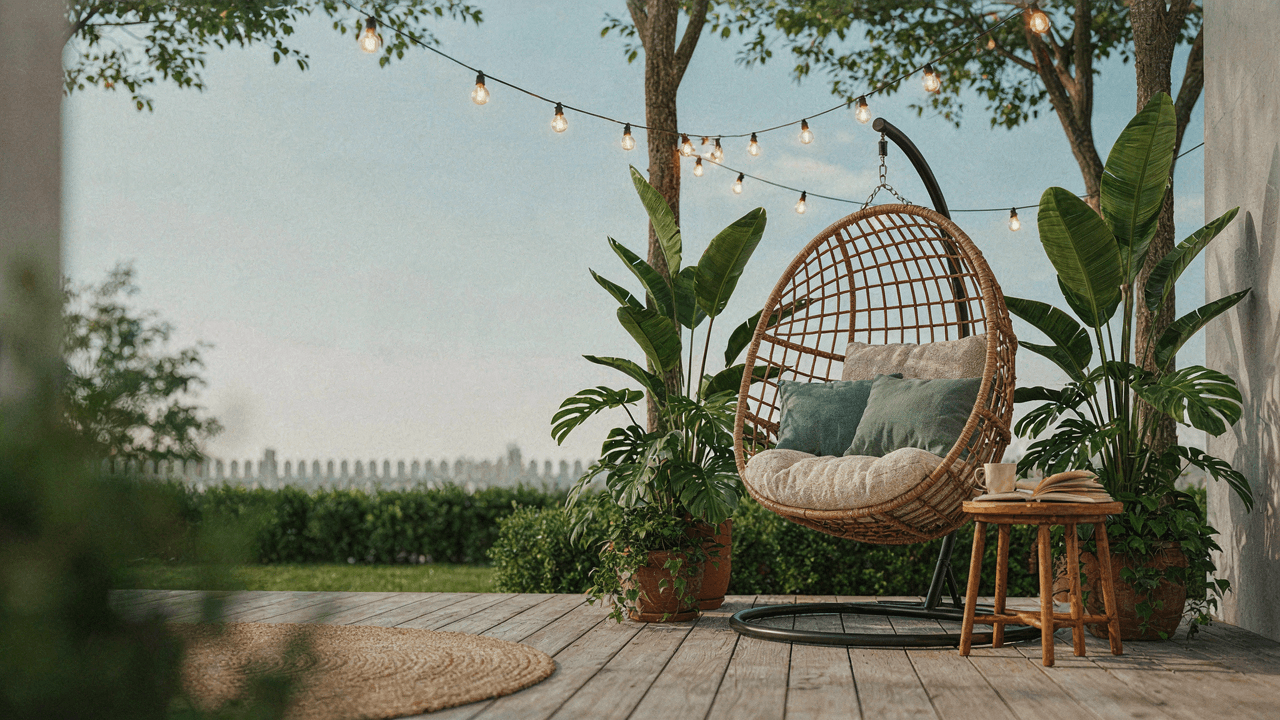 A stylish hanging chair patio in a backyard corner, with green plants and soft lights.