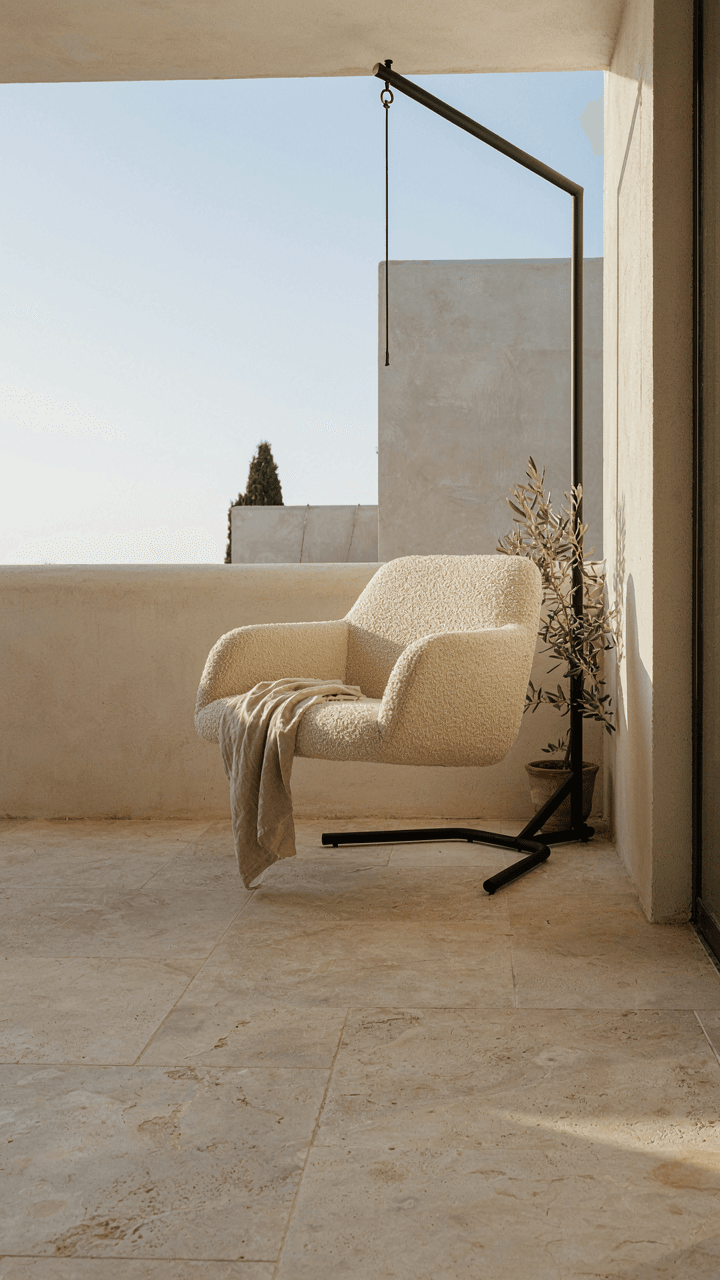 A minimalist patio with a sleek hanging lounge chair and clean lines.