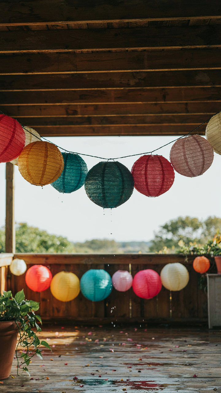 Colorful paper lanterns, some damp, hang under a patio cover.