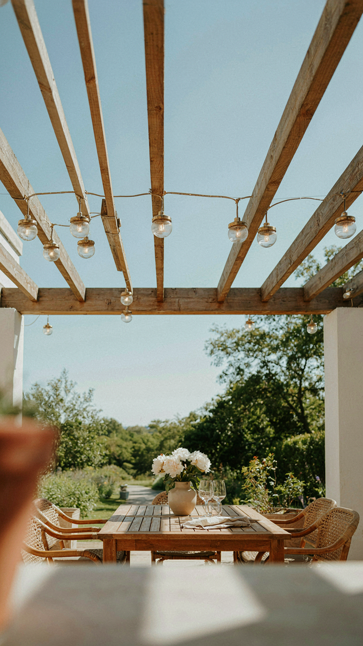 Elegant hanging solar lights are strung across a patio pergola.