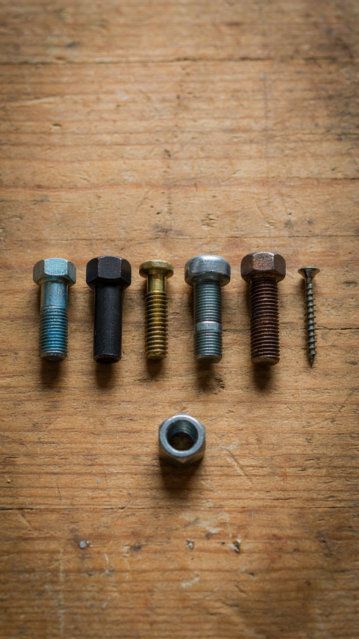 A collection of screws and bolts, some worn, arranged on a workbench.