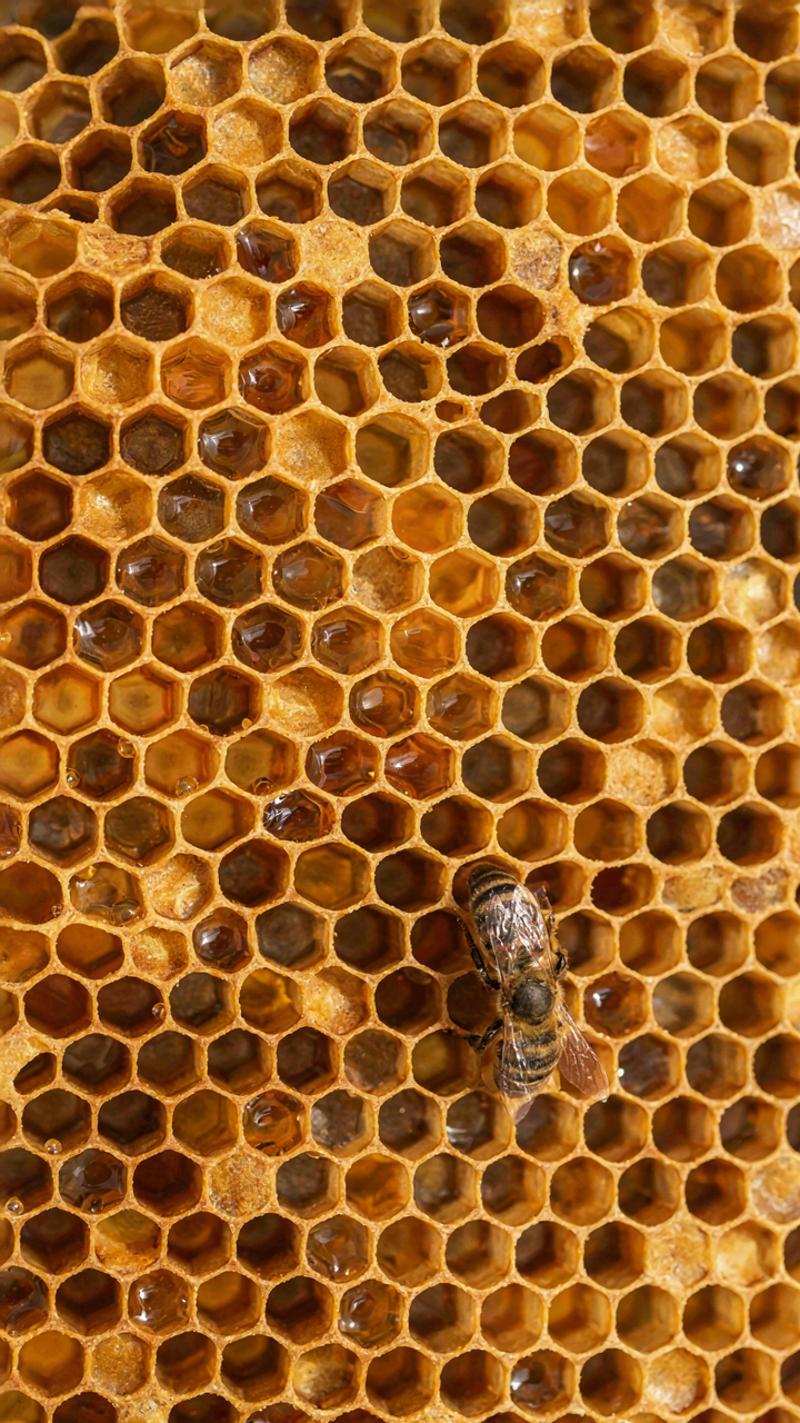 A beehive with a hexagonal honeycomb, showing efficient packing.