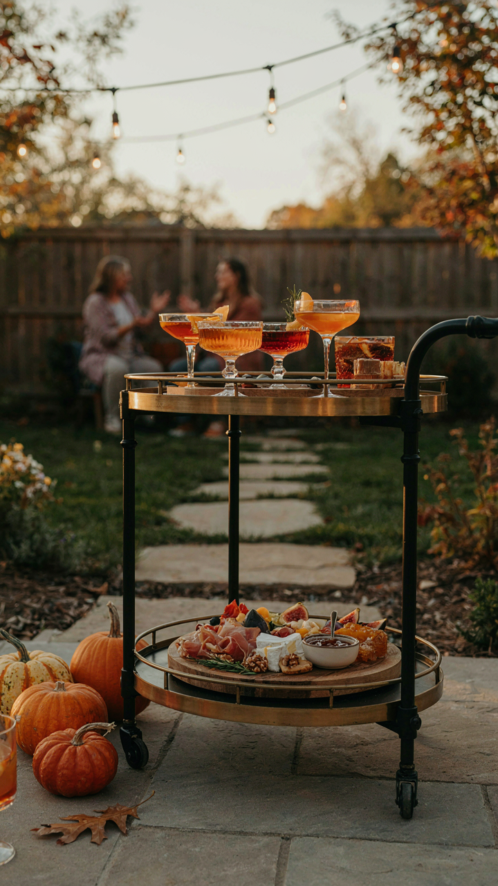 An elegant outdoor bar cart with cocktails and a charcuterie board.