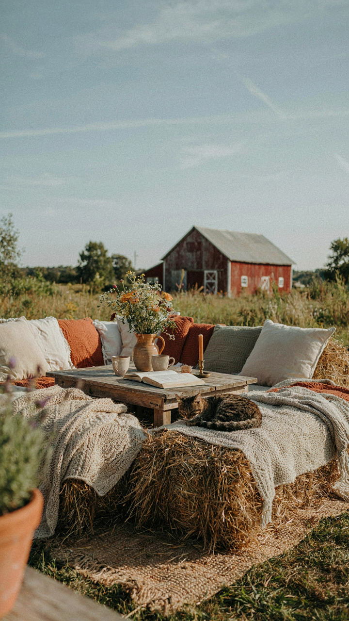 Hay bales with blankets and pillows for seating at a fall backyard party.