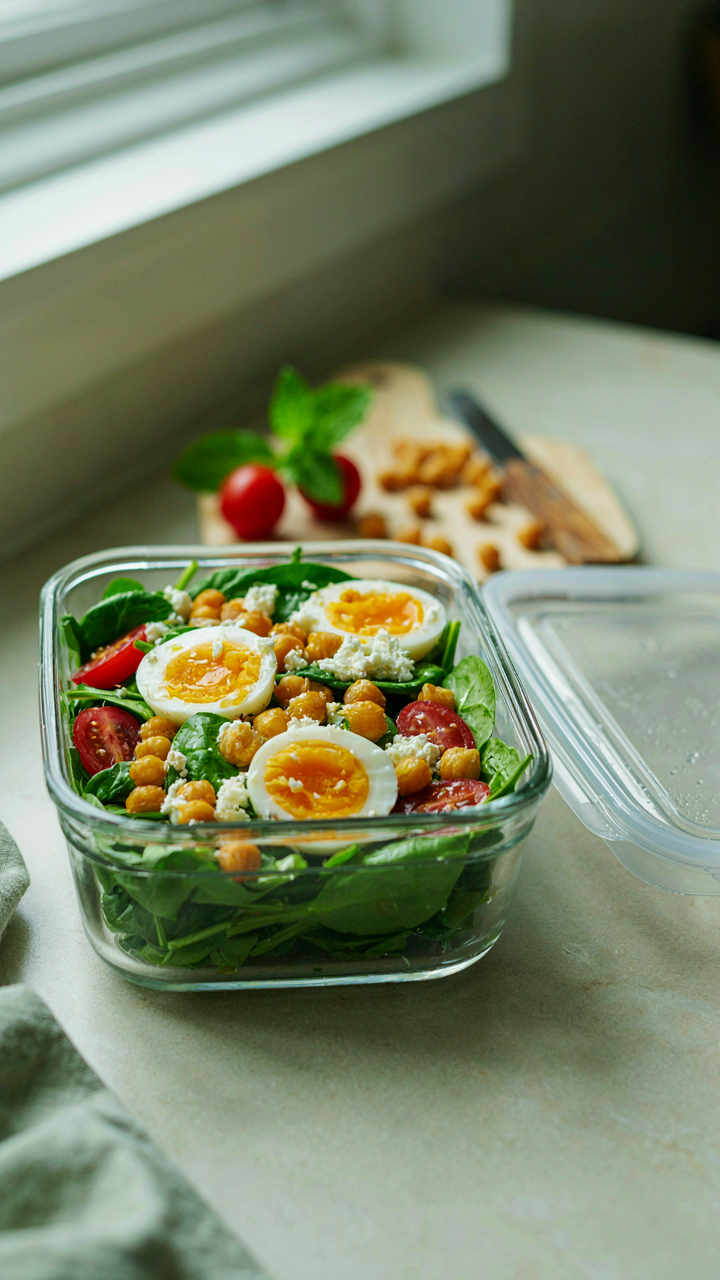 A healthy picnic salad with spinach and chickpeas is in a sealed container.