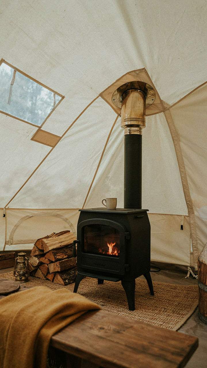 A modern wood stove heats a cozy glamping tent with a visible chimney.