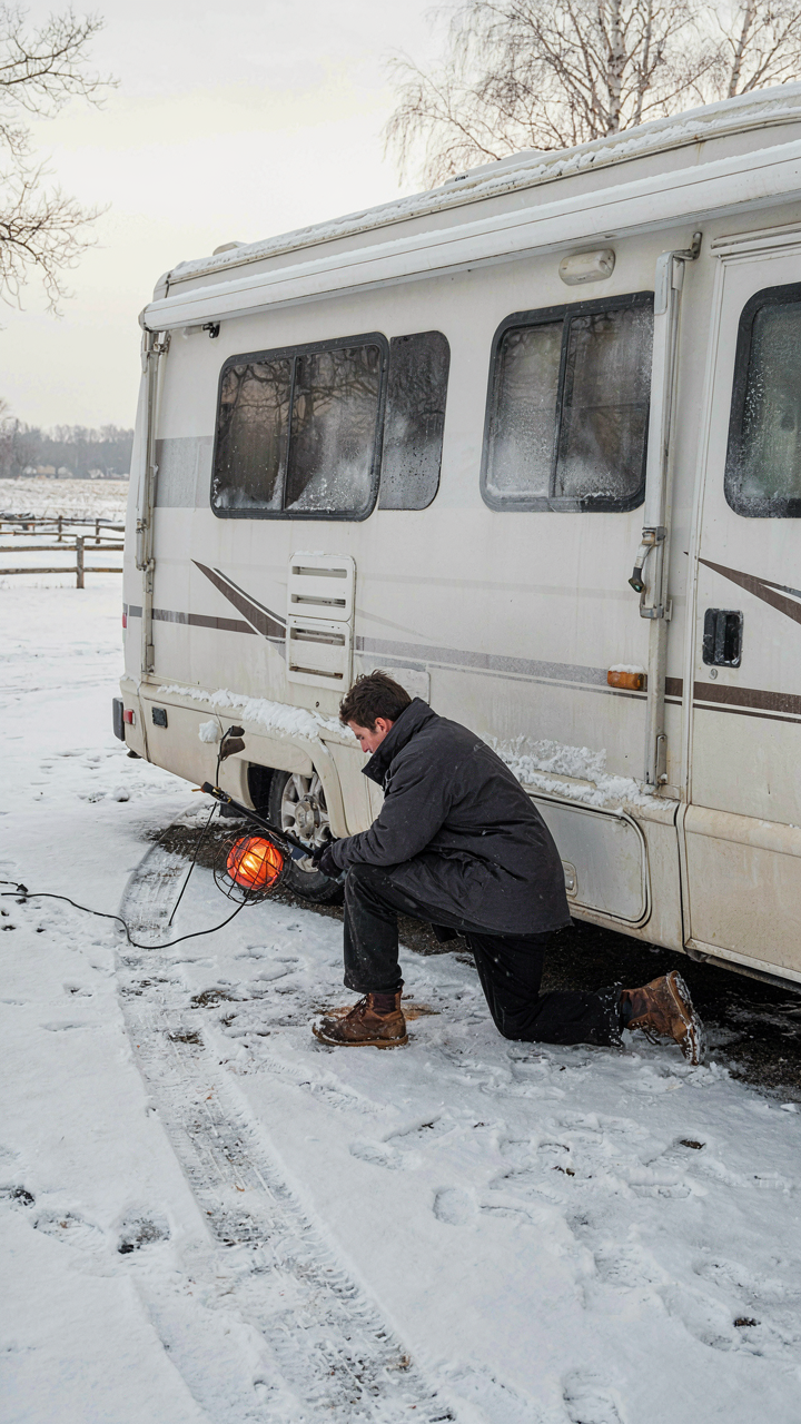 A person directs a heat lamp at an RV's undercarriage in winter.