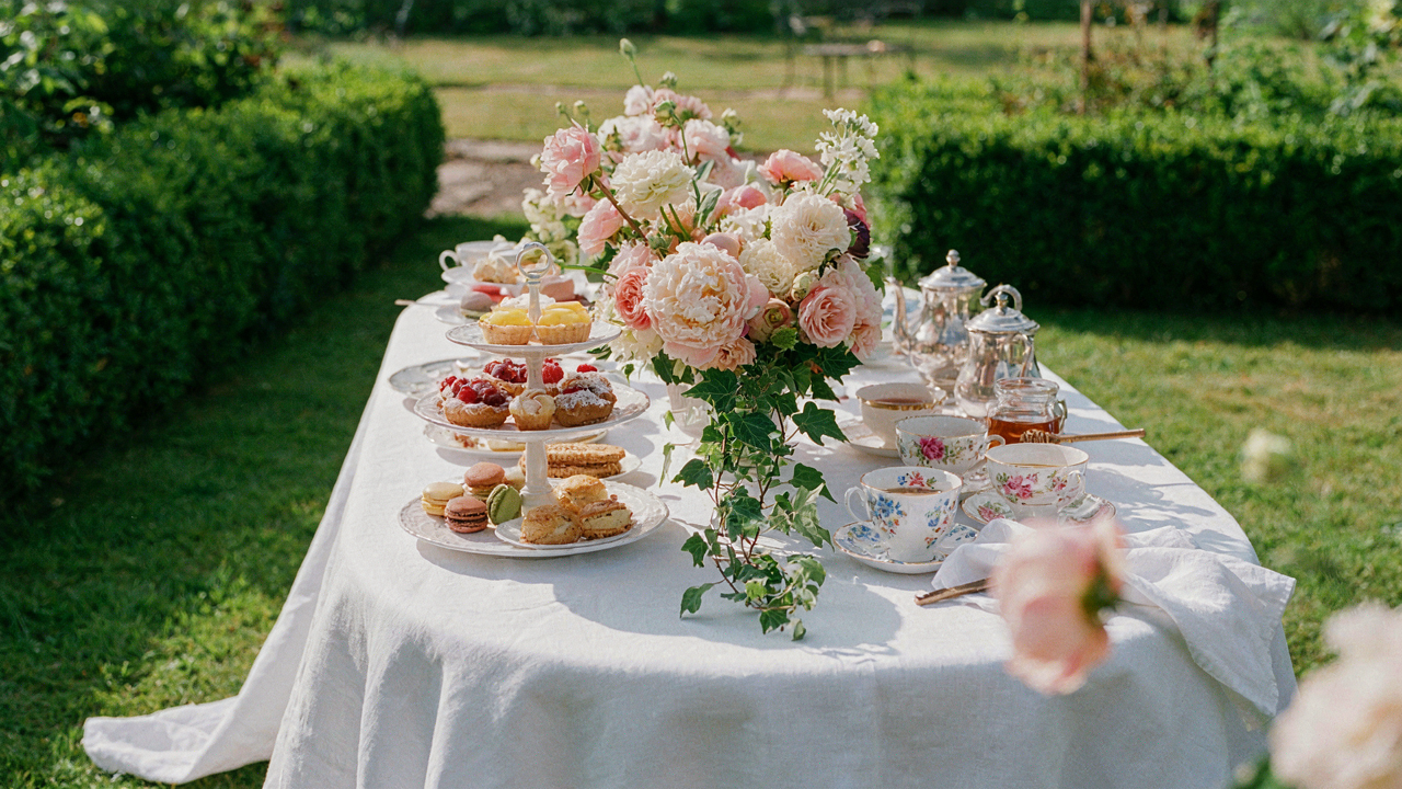 A beautiful outdoor table is set for high tea in the garden with food and flowers.