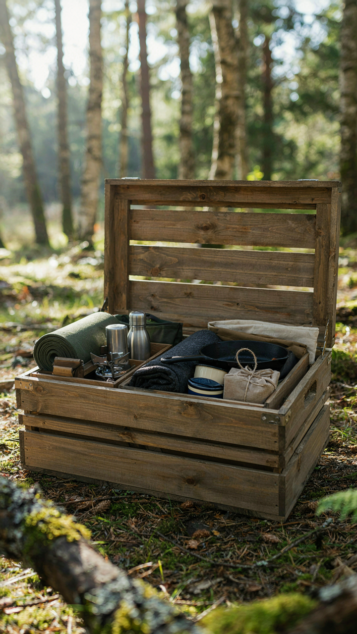 A large camping crate containing smaller, nested modules ready for day hikes.