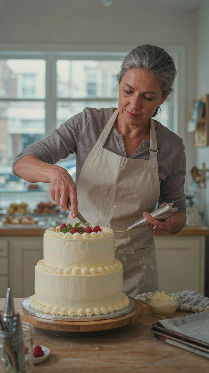 A seasoned baker quickly and confidently frosting a familiar cake.