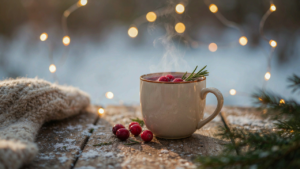 A warm holiday mocktail sits on a snowy outdoor table with festive decorations.