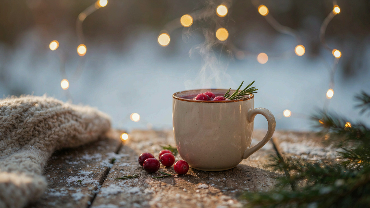 A warm holiday mocktail sits on a snowy outdoor table with festive decorations.