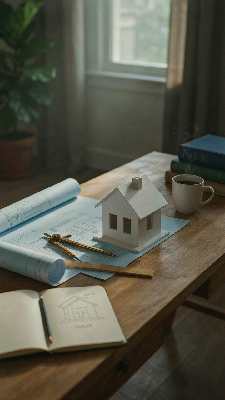 An architect's desk has detailed blueprints and a 3D house model.