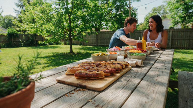 An inviting outdoor hot dog bar with various toppings and condiments on a table.