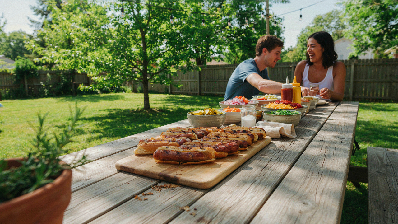 An inviting outdoor hot dog bar with various toppings and condiments on a table.
