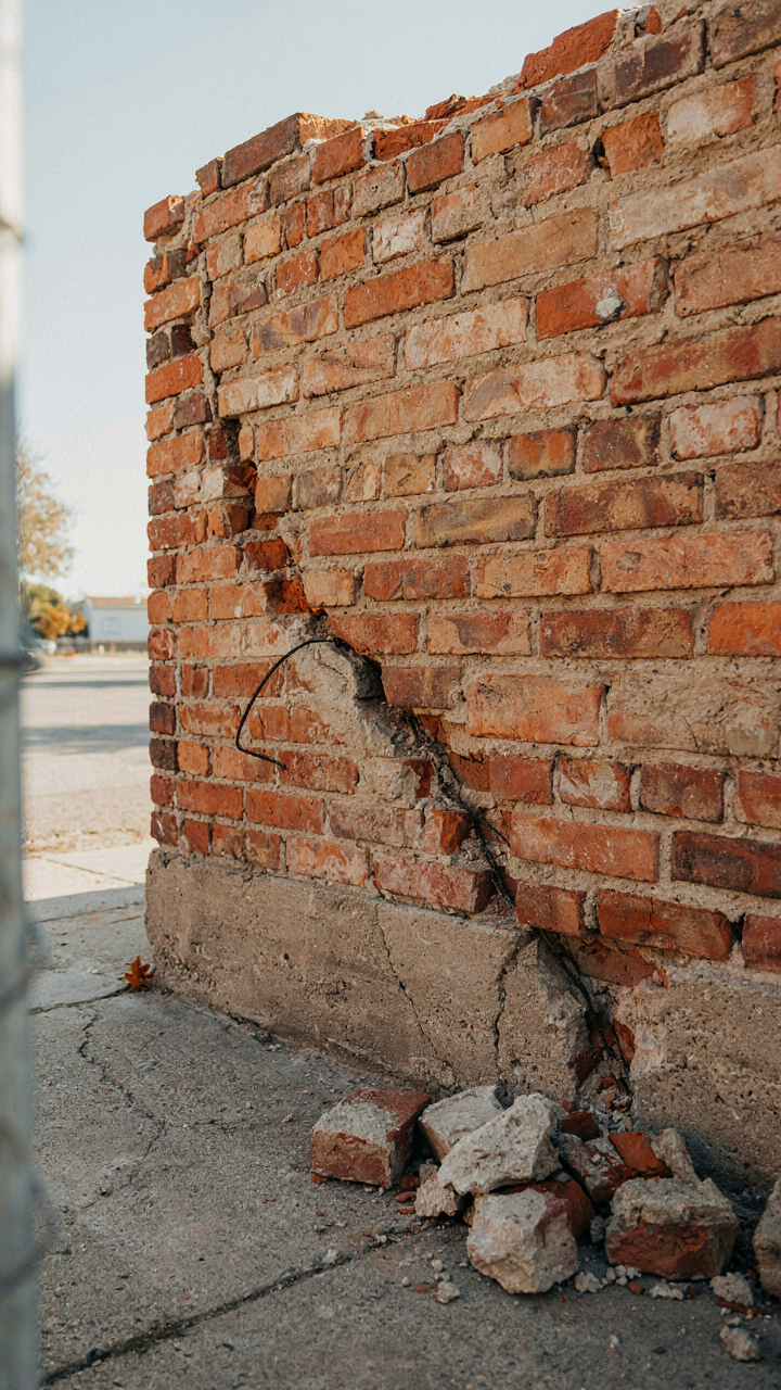 A brick wall with a visible crack in its foundation shows structural failure.