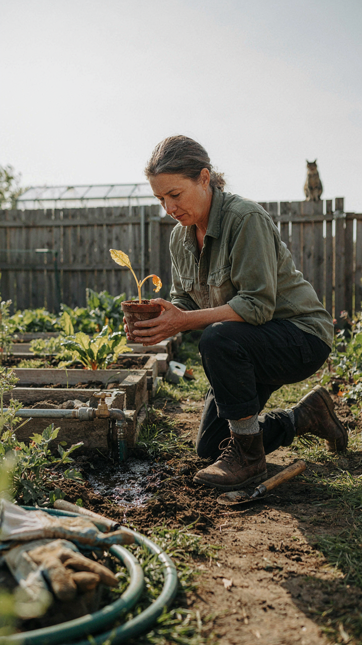 A gardener waters a small plant, fed by a huge, hidden water pipe.