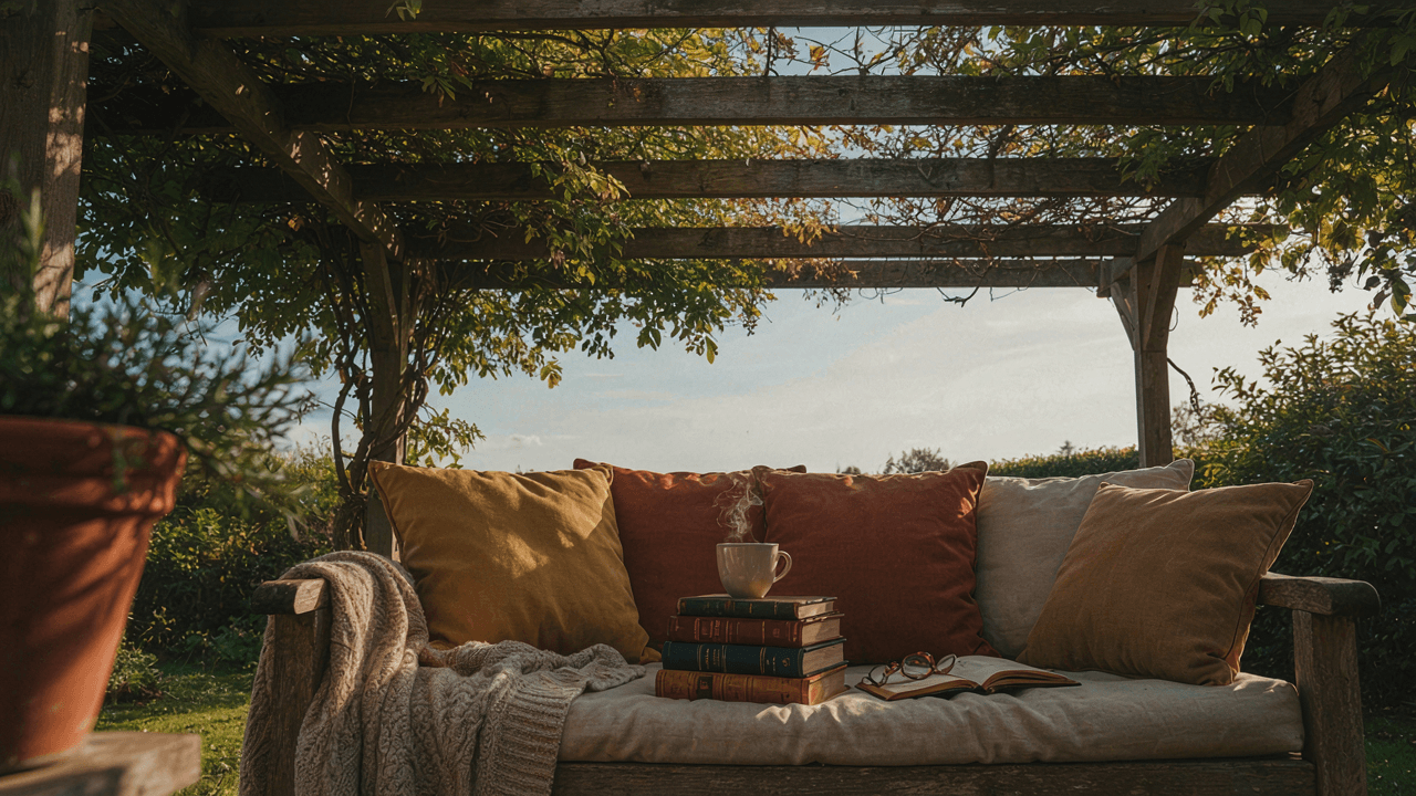 A comfortable backyard reading nook with cushions and blankets under a vine-covered pergola.