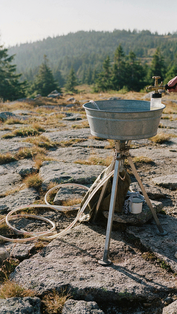 A versatile diy camp sink adapts to rocky, uneven ground.