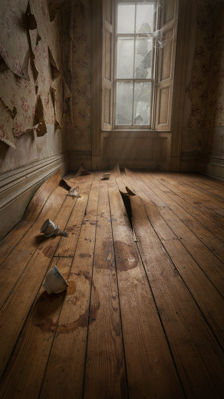 Warped wooden floorboards are buckled and distorted in an old house.