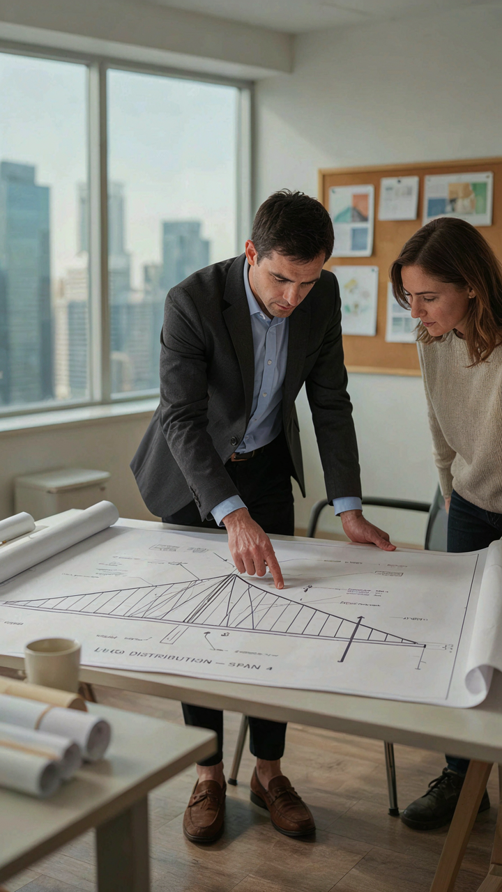 A civil engineer points to a blueprint of a bridge design.