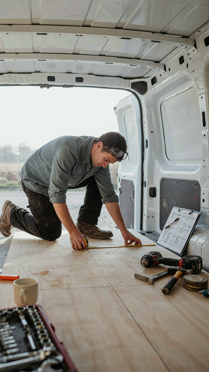A person carefully measures and cuts a wood panel for a van ceiling.