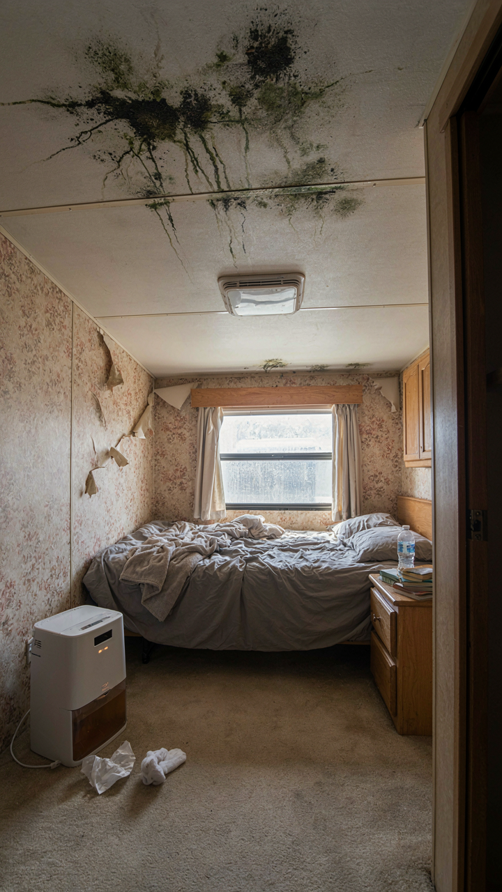 A small dehumidifier in a large, moldy RV bedroom, showing its limits.