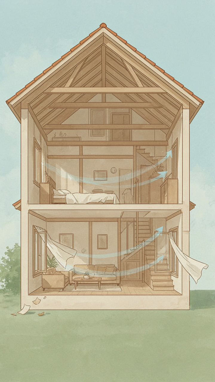 A diagram shows arrows of cross-ventilation through open windows in a house.