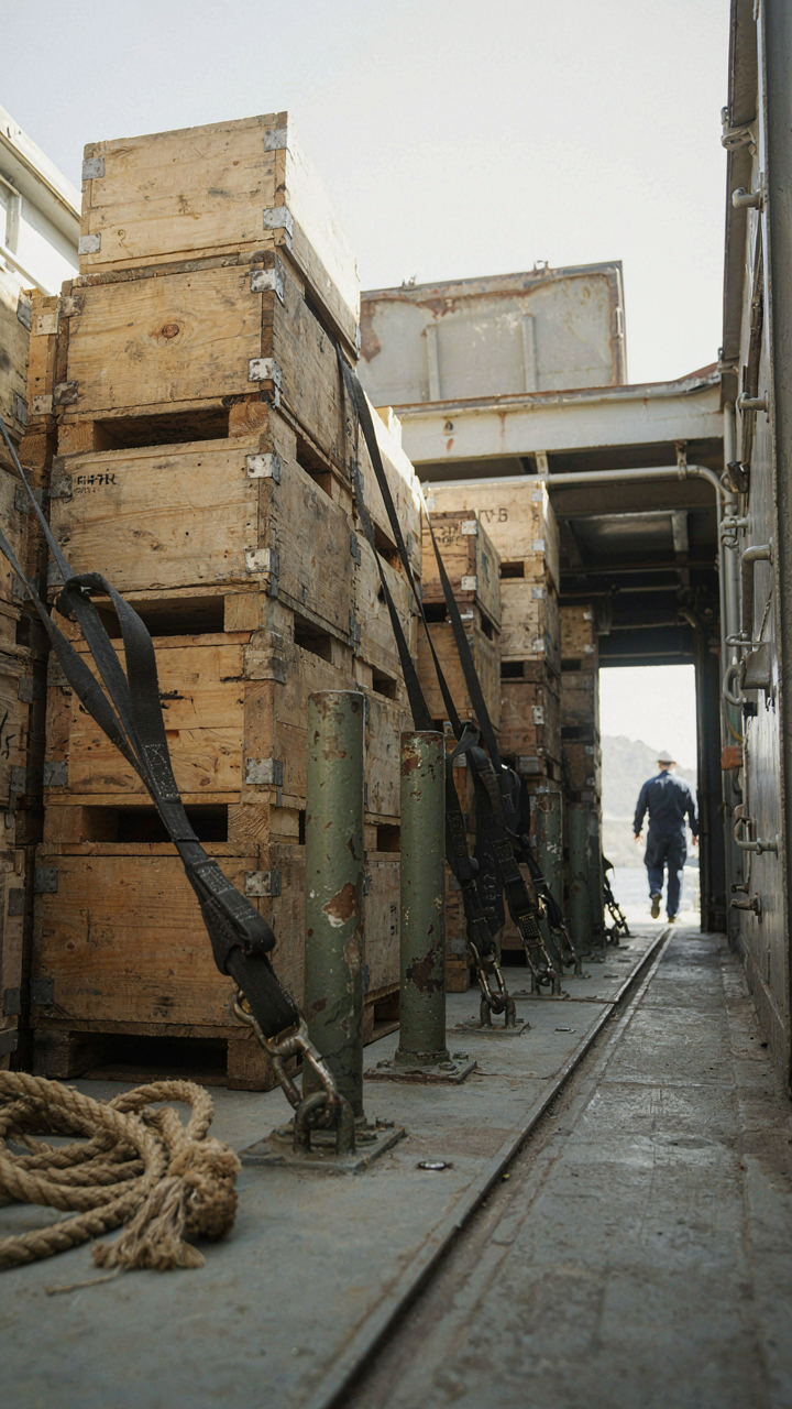 Large crates are secured in a military cargo ship's hold.