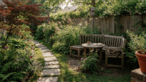 A serene backyard sanctuary with a stone path, green plants, and a quiet bench.